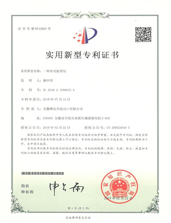 Backpack Patent Certificate