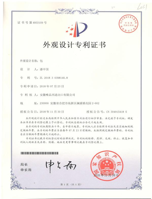 Appearance Patent Certificate - Bag