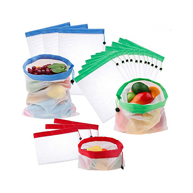 RPET Mesh Produce Storage Bags Set With Drawstring For Shopping,Travel Or Any Household Item